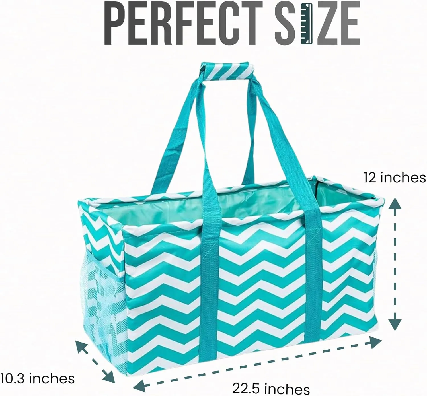 Extra Large Utility Tote Bag - Oversized Collapsible Reusable Wire Frame Rectangular Canvas Basket With Two Exterior Pockets For Beach, Pool, Laundry, Car Trunk, Storage - Chevron Teal