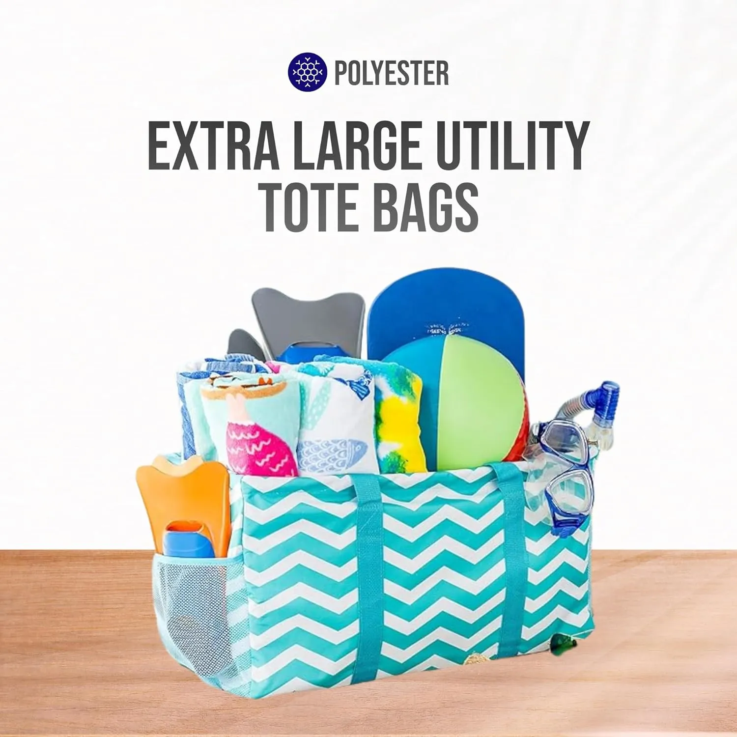 Extra Large Utility Tote Bag - Oversized Collapsible Reusable Wire Frame Rectangular Canvas Basket With Two Exterior Pockets For Beach, Pool, Laundry, Car Trunk, Storage - Chevron Teal
