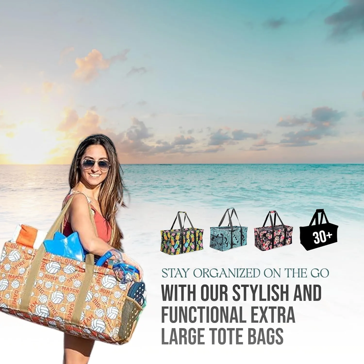 Extra Large Utility Tote Bag - Oversized Collapsible Reusable Wire Frame Rectangular Canvas Basket With Two Exterior Pockets For Beach, Pool, Laundry, Car Trunk, Storage - Chevron Teal