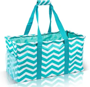 Extra Large Utility Tote Bag - Oversized Collapsible Reusable Wire Frame Rectangular Canvas Basket With Two Exterior Pockets For Beach, Pool, Laundry, Car Trunk, Storage - Chevron Teal