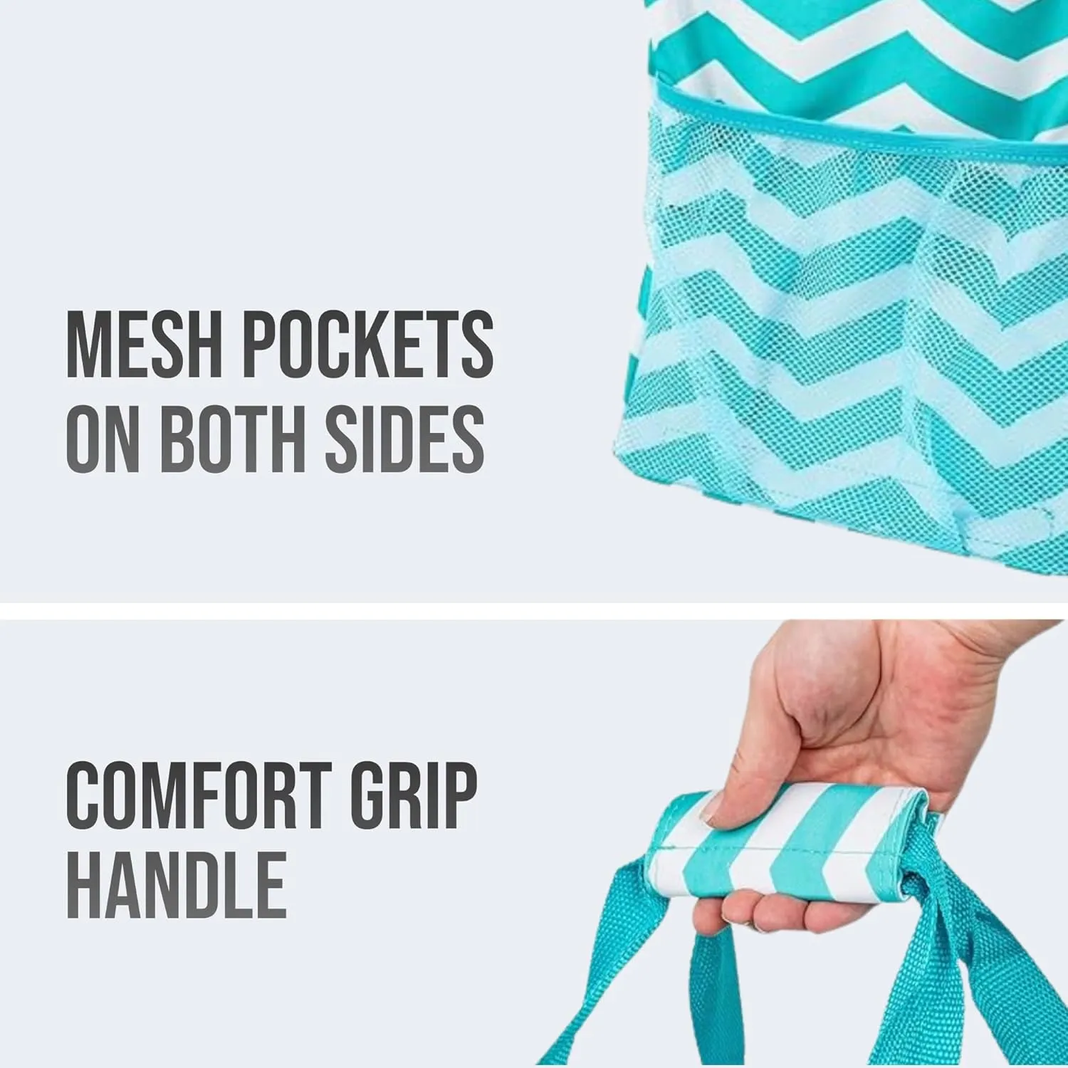 Extra Large Utility Tote Bag - Oversized Collapsible Reusable Wire Frame Rectangular Canvas Basket With Two Exterior Pockets For Beach, Pool, Laundry, Car Trunk, Storage - Chevron Teal