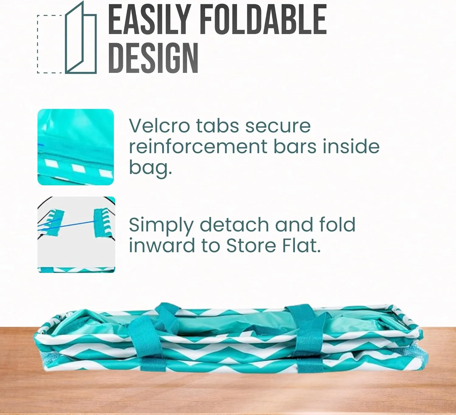 Extra Large Utility Tote Bag - Oversized Collapsible Reusable Wire Frame Rectangular Canvas Basket With Two Exterior Pockets For Beach, Pool, Laundry, Car Trunk, Storage - Chevron Teal