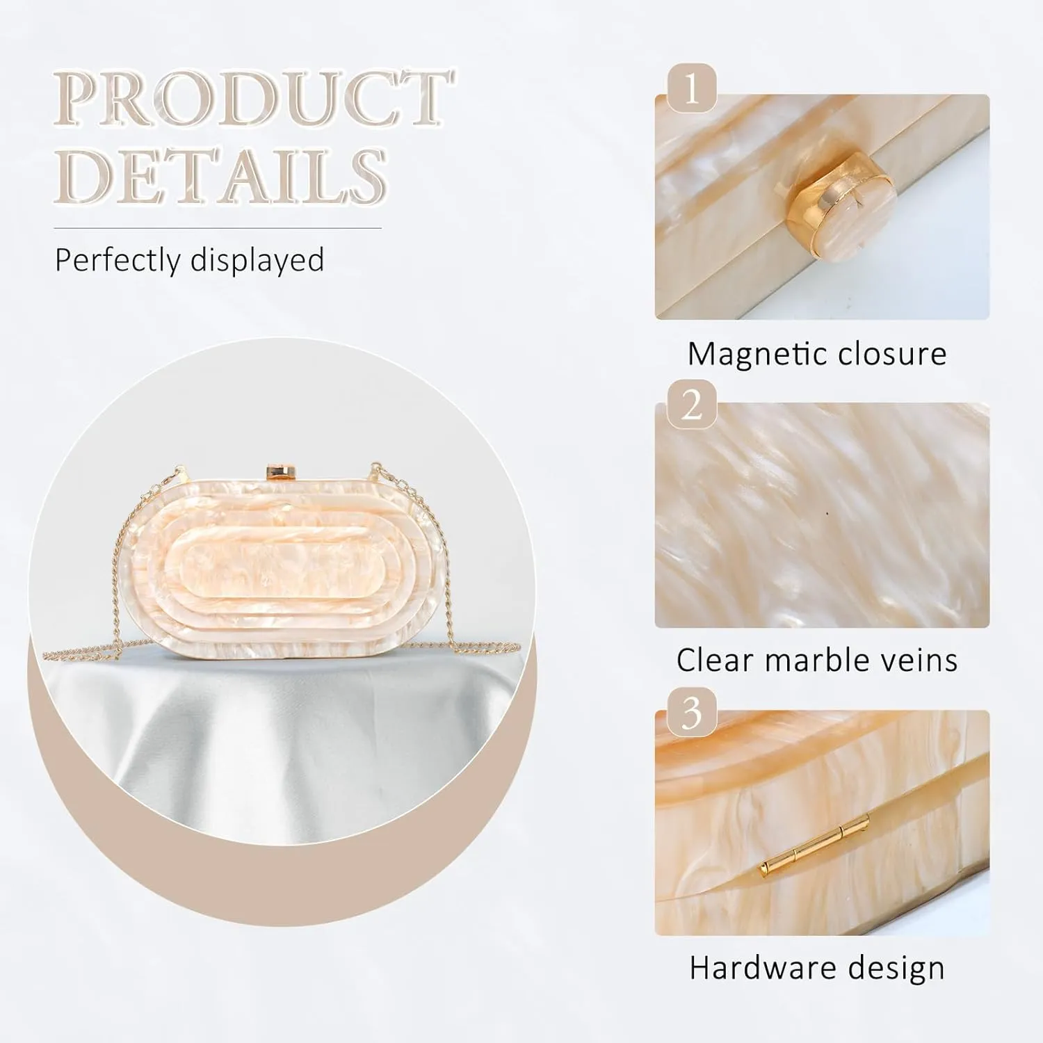 Fecialy Acrylic Evening Clutch Bag for Women Shell Shape Handbags Marbling Purse Formal Party Bridal Wedding Crossbody Bag