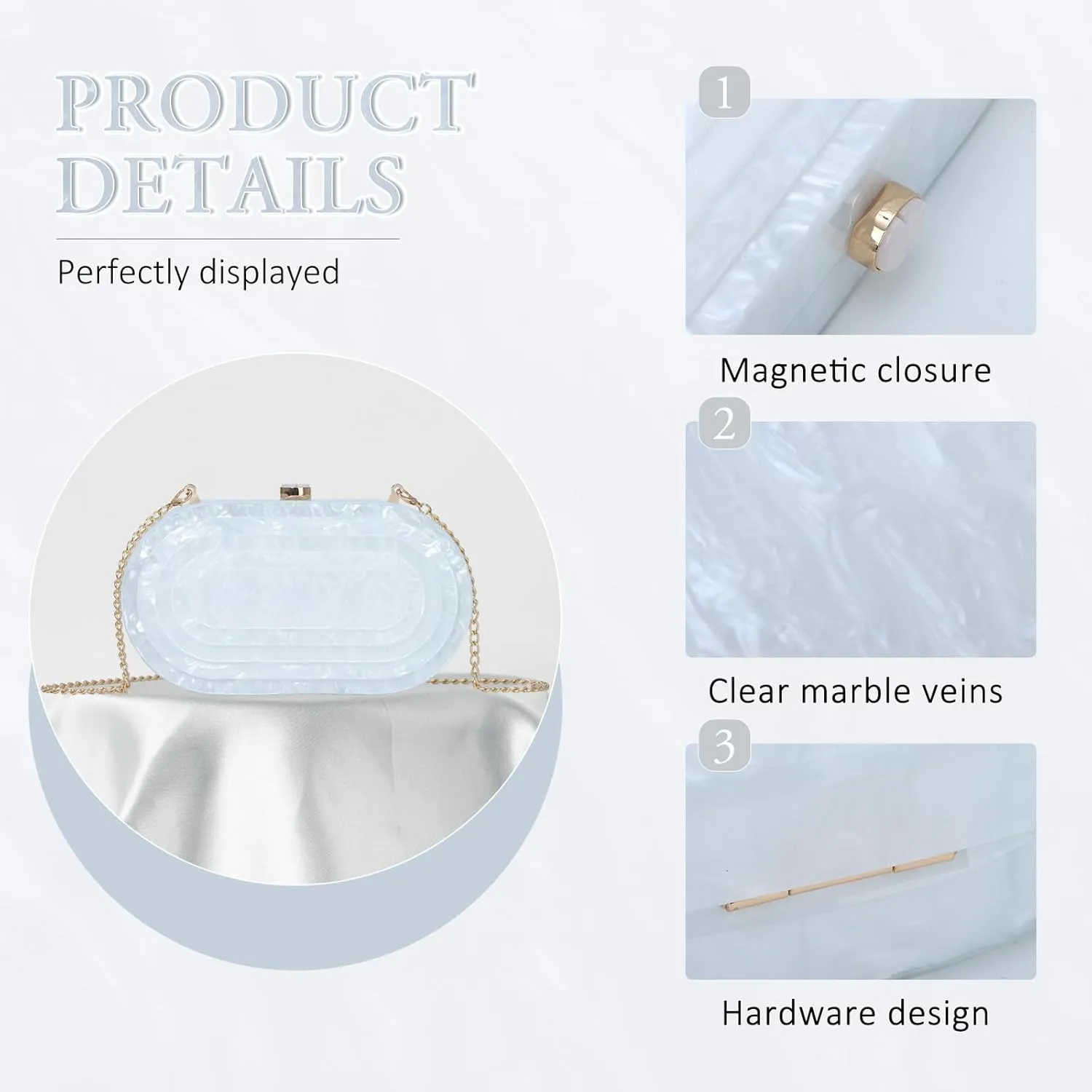 Fecialy Acrylic Evening Clutch Bag for Women Shell Shape Handbags Marbling Purse Formal Party Bridal Wedding Crossbody Bag