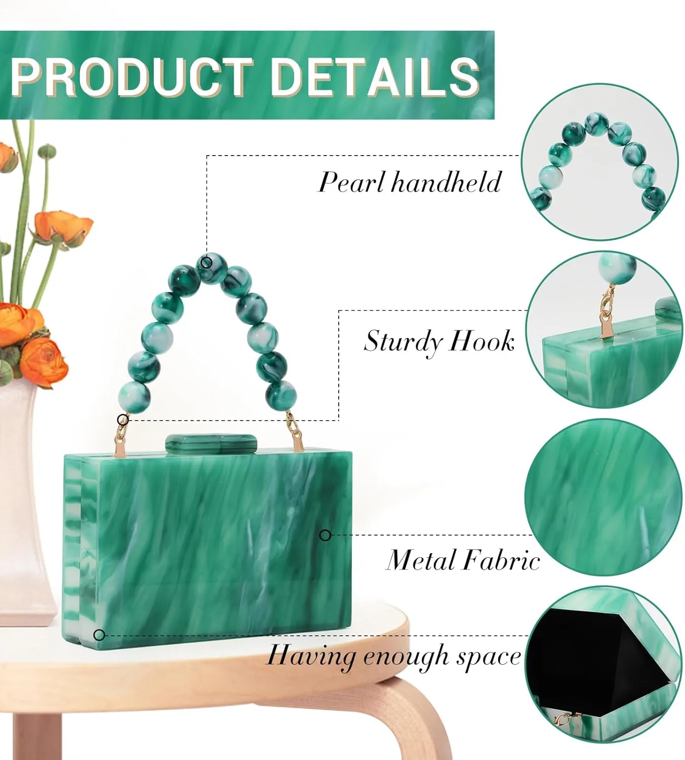 Fecialy Women Acrylic Clutch Purse Beads Evening Handbag Marble Clutch Formal Party Bridal Wedding Crossbody Bag