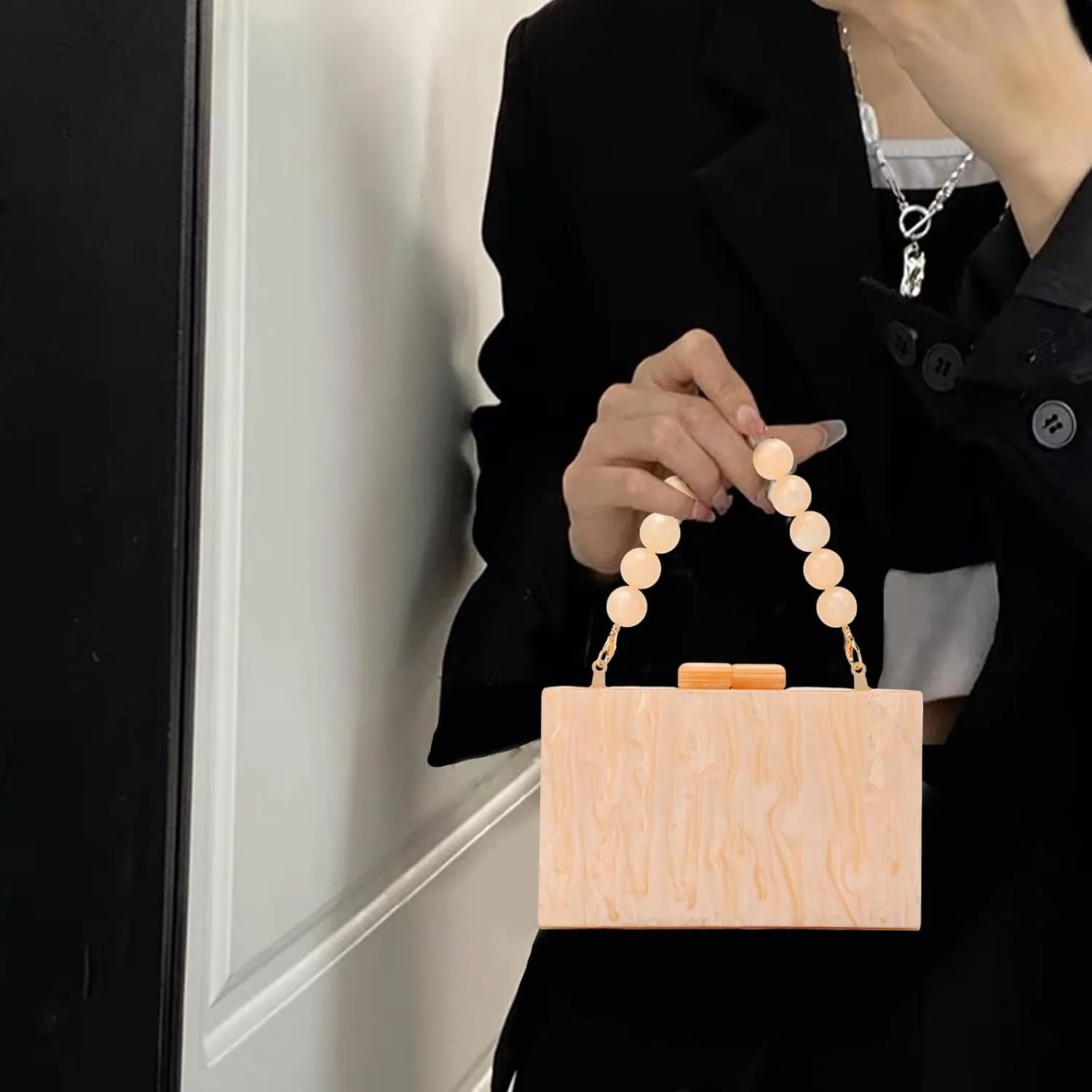 Fecialy Women Acrylic Clutch Purse Beads Evening Handbag Marble Clutch Formal Party Bridal Wedding Crossbody Bag