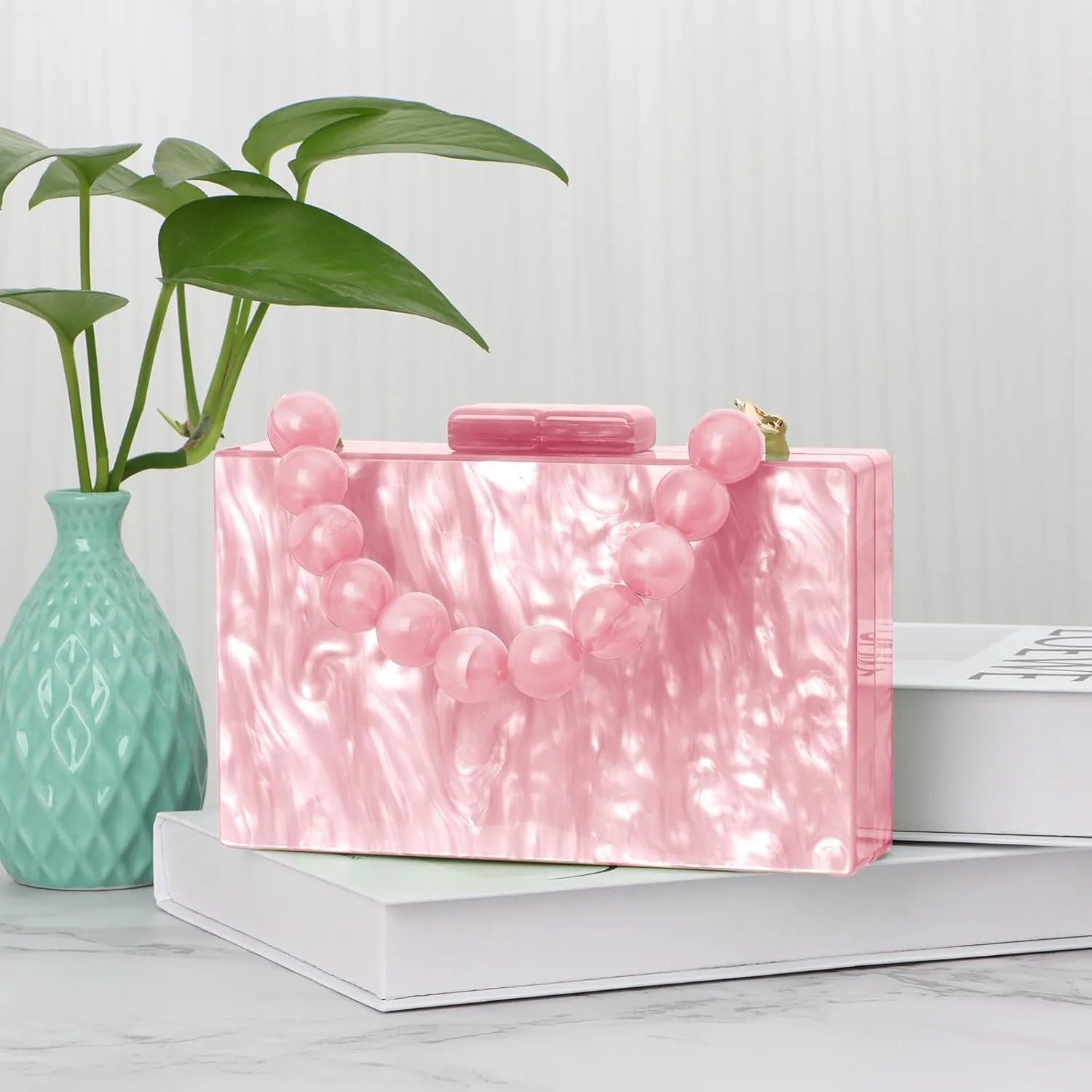 Fecialy Women Acrylic Clutch Purse Beads Evening Handbag Marble Clutch Formal Party Bridal Wedding Crossbody Bag