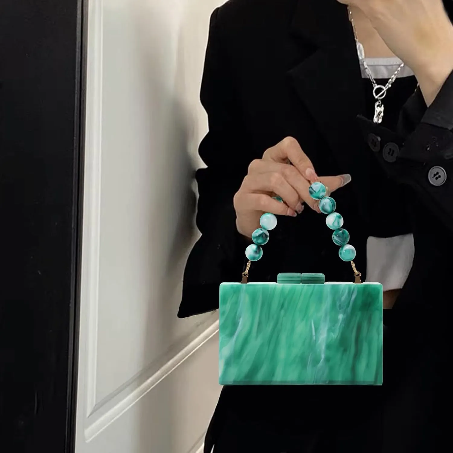 Fecialy Women Acrylic Clutch Purse Beads Evening Handbag Marble Clutch Formal Party Bridal Wedding Crossbody Bag