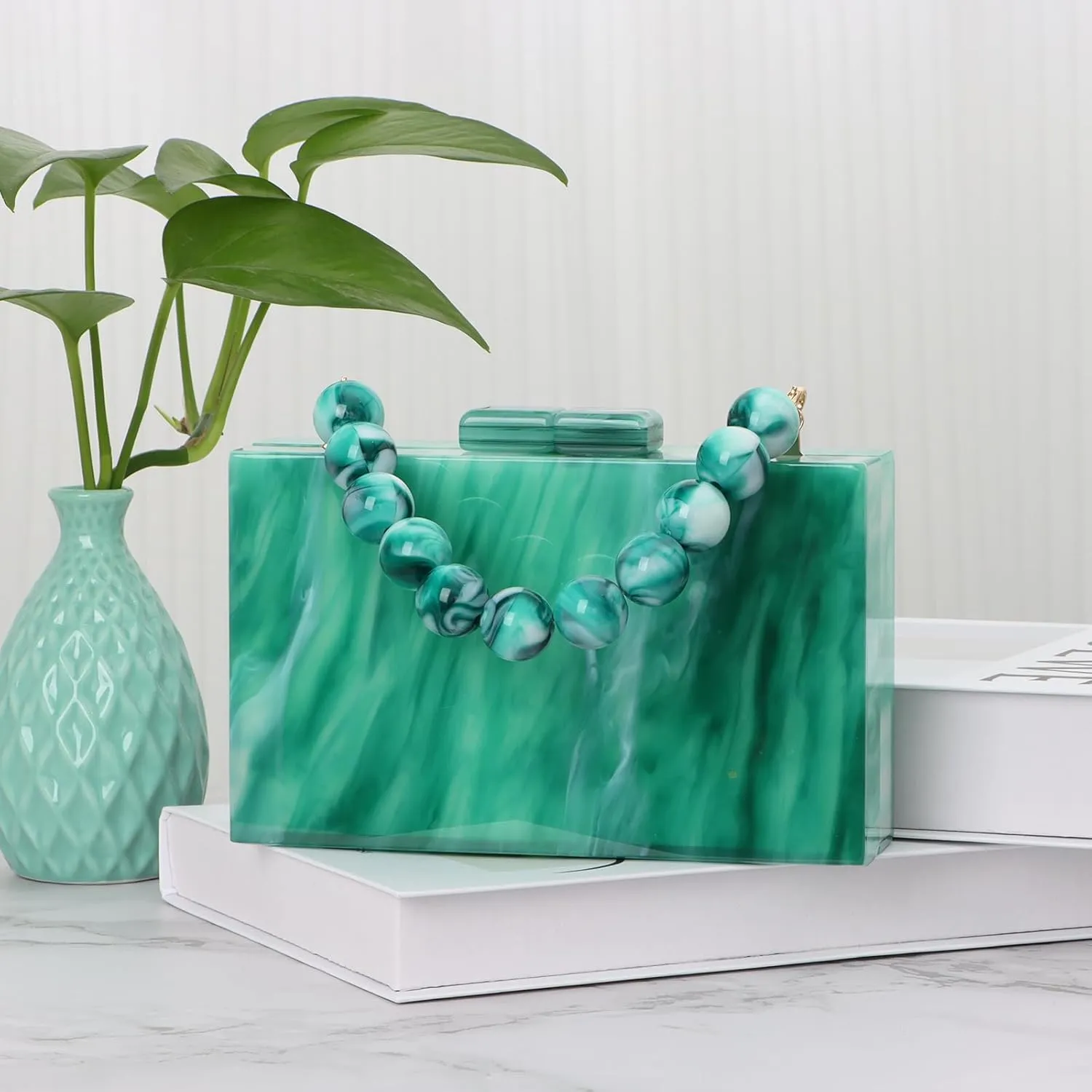 Fecialy Women Acrylic Clutch Purse Beads Evening Handbag Marble Clutch Formal Party Bridal Wedding Crossbody Bag