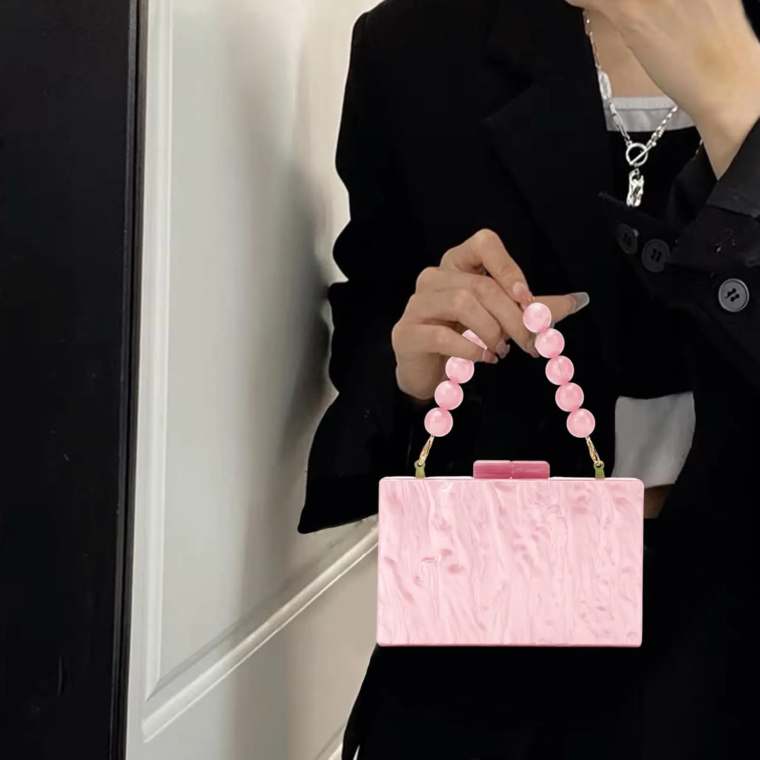 Fecialy Women Acrylic Clutch Purse Beads Evening Handbag Marble Clutch Formal Party Bridal Wedding Crossbody Bag