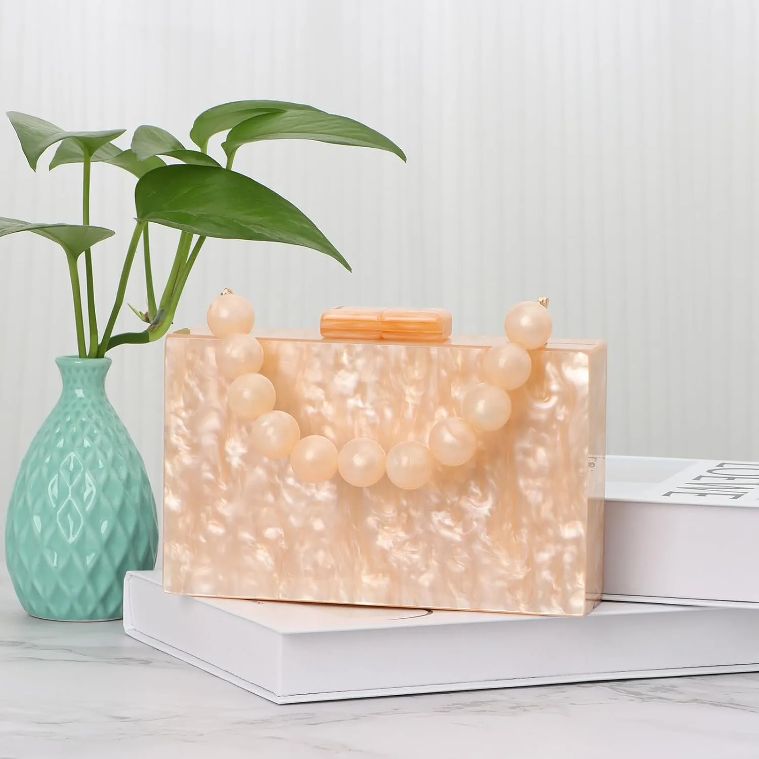 Fecialy Women Acrylic Clutch Purse Beads Evening Handbag Marble Clutch Formal Party Bridal Wedding Crossbody Bag