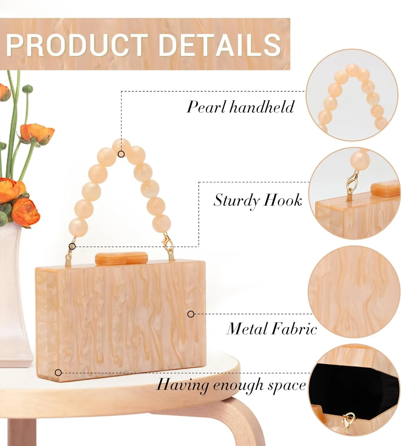 Fecialy Women Acrylic Clutch Purse Beads Evening Handbag Marble Clutch Formal Party Bridal Wedding Crossbody Bag
