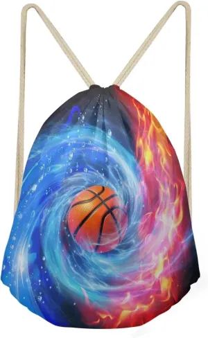 Fire Basketball Whirlwind Print Sport Gym Drawstring Backpack Beach Bag for Girls Boys Teen Tote Bag for Hiking Travel Outdoor Bag