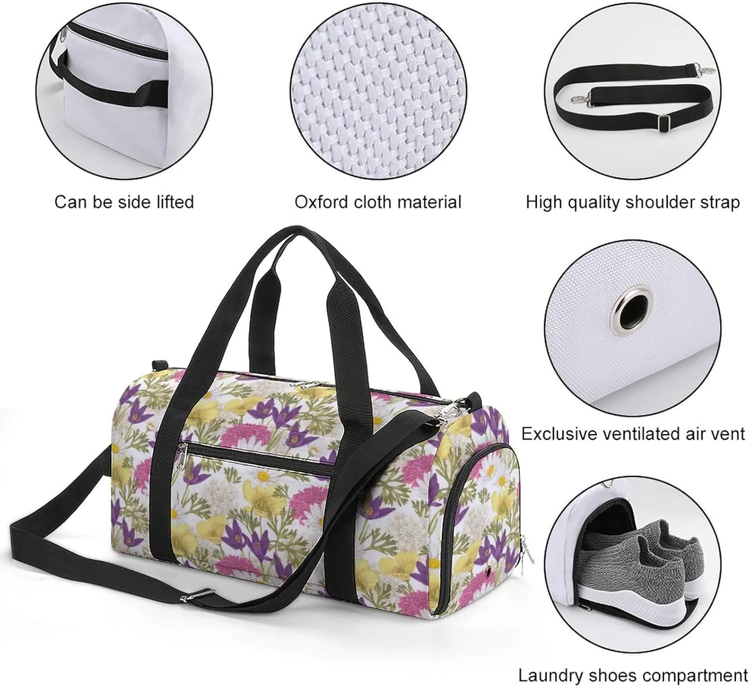 Flora Pattern Sports Tote Gym Bag for Women Men, Overnight Bag with Shoe Compartment Water Resistant