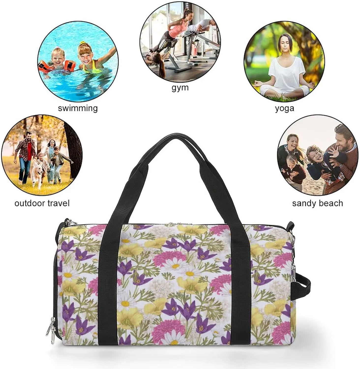 Flora Pattern Sports Tote Gym Bag for Women Men, Overnight Bag with Shoe Compartment Water Resistant