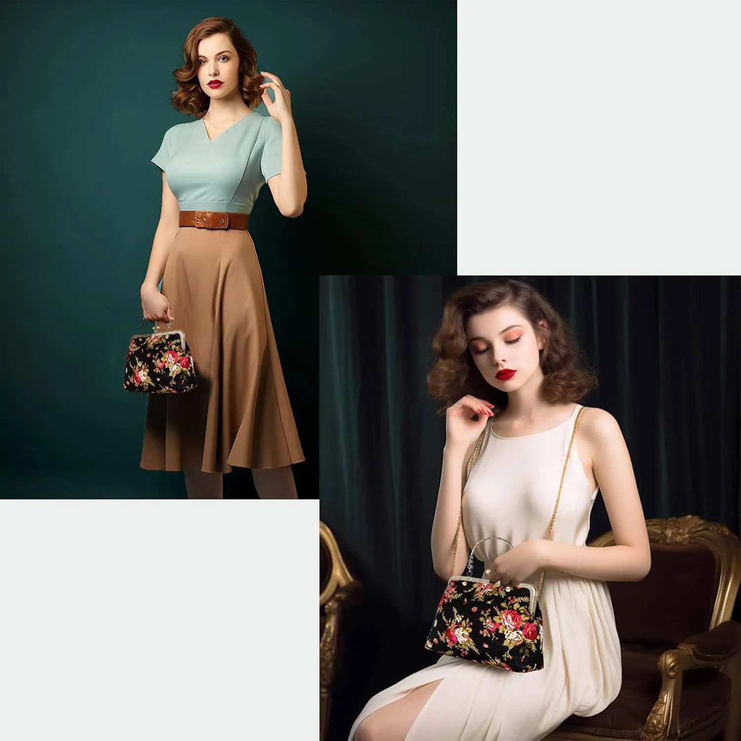 Floral Top-Handle Handbag, Kiss Lock Evening Bag for Women, Vintage Handbag