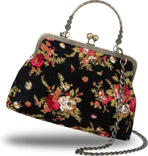 Floral Top-Handle Handbag, Kiss Lock Evening Bag for Women, Vintage Handbag
