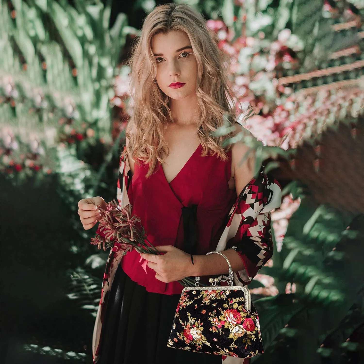 Floral Top-Handle Handbag, Kiss Lock Evening Bag for Women, Vintage Handbag