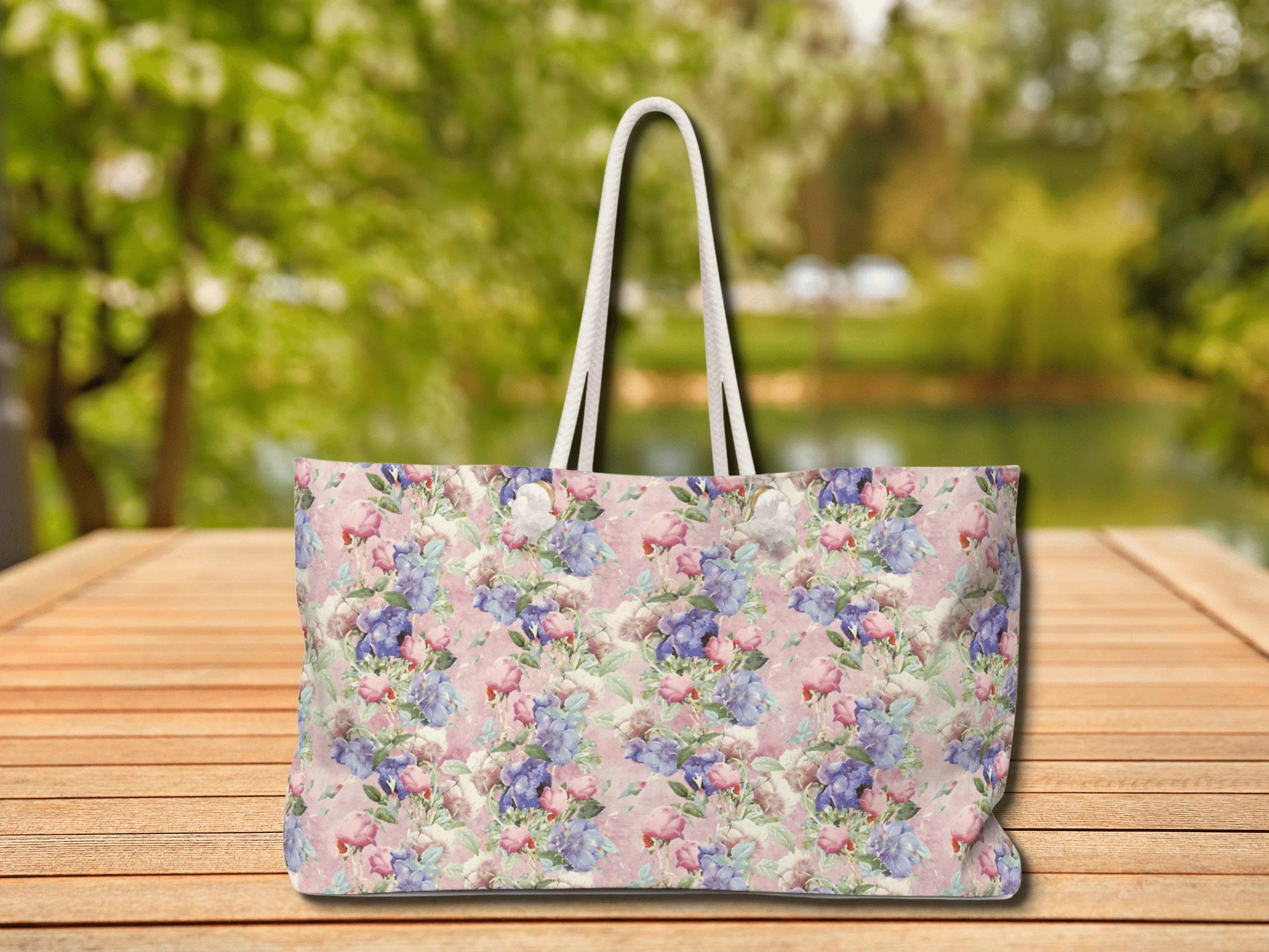 Flower Tote Bag, Floral Weekend Tote Bag with Rope Handles, Womens Weekender Bag