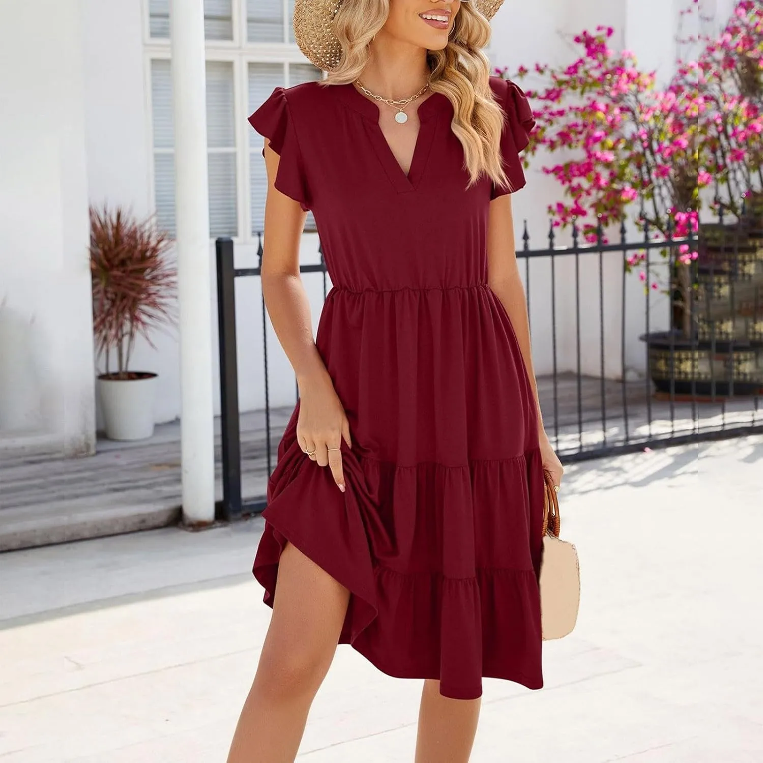 Flowy Dresses for Women Casual Summer Ruffle Sleeve V Neck Midi Dress Tiered Swing Boho Beach Vacation 2025 Sundress