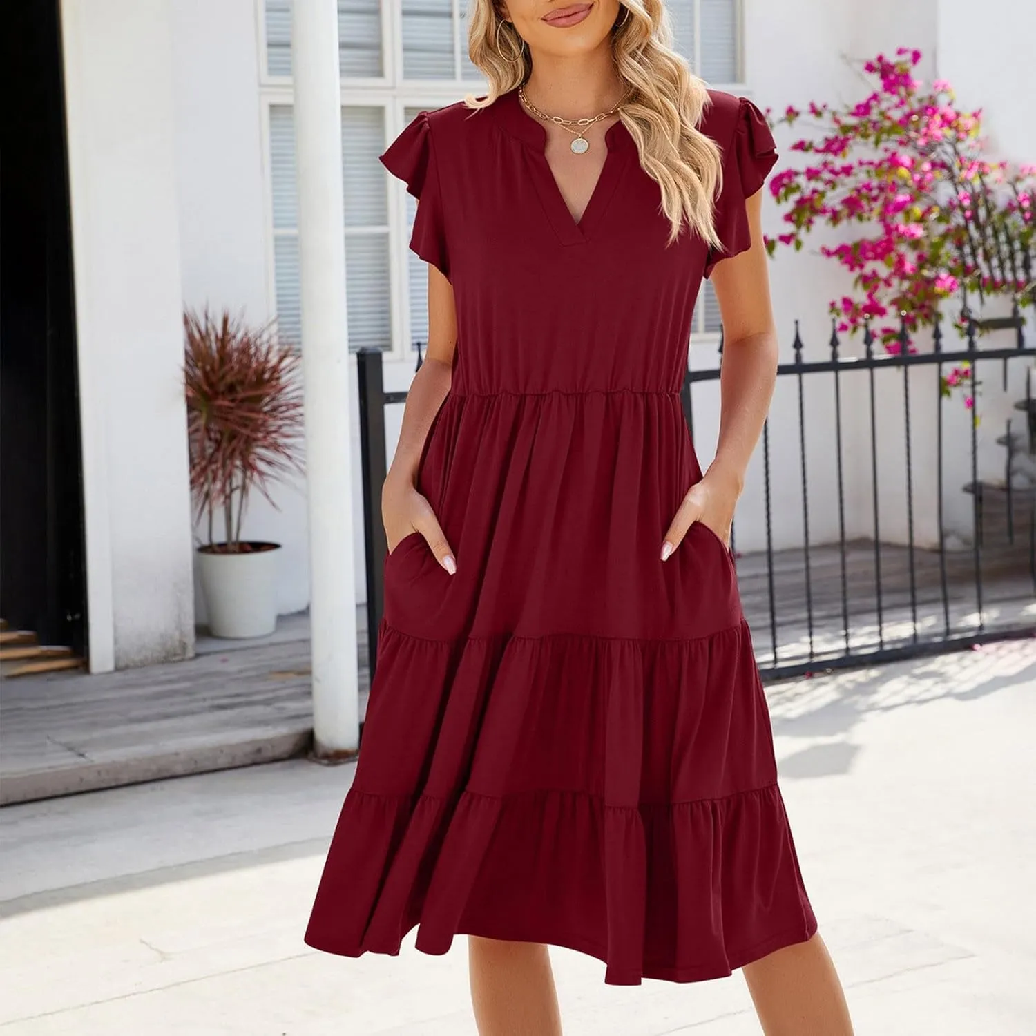 Flowy Dresses for Women Casual Summer Ruffle Sleeve V Neck Midi Dress Tiered Swing Boho Beach Vacation 2025 Sundress