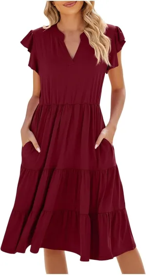 Flowy Dresses for Women Casual Summer Ruffle Sleeve V Neck Midi Dress Tiered Swing Boho Beach Vacation 2025 Sundress