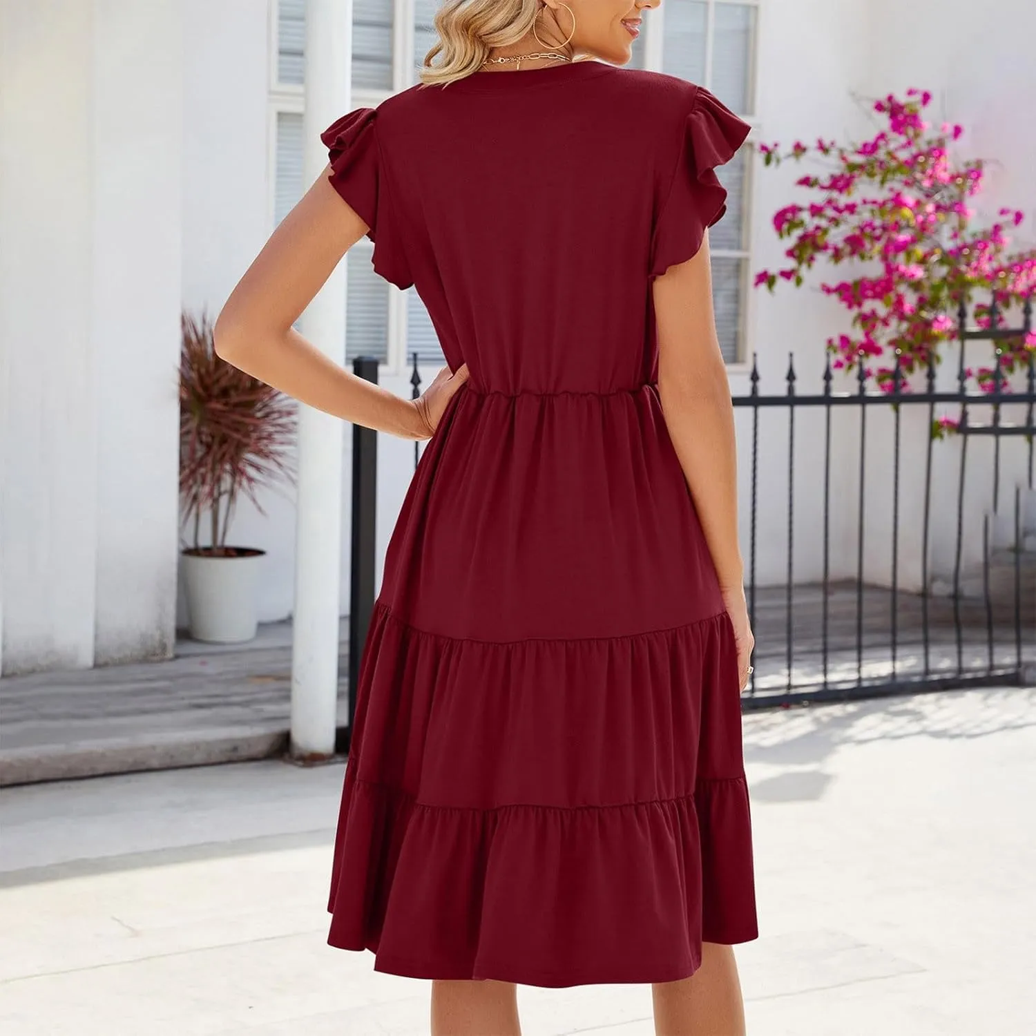 Flowy Dresses for Women Casual Summer Ruffle Sleeve V Neck Midi Dress Tiered Swing Boho Beach Vacation 2025 Sundress