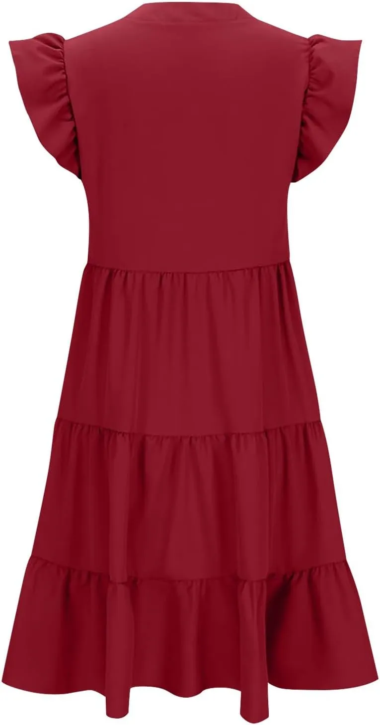 Flowy Dresses for Women Casual Summer Ruffle Sleeve V Neck Midi Dress Tiered Swing Boho Beach Vacation 2025 Sundress