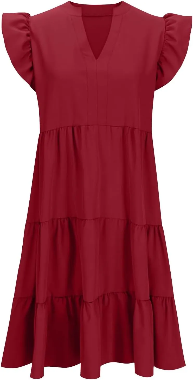 Flowy Dresses for Women Casual Summer Ruffle Sleeve V Neck Midi Dress Tiered Swing Boho Beach Vacation 2025 Sundress