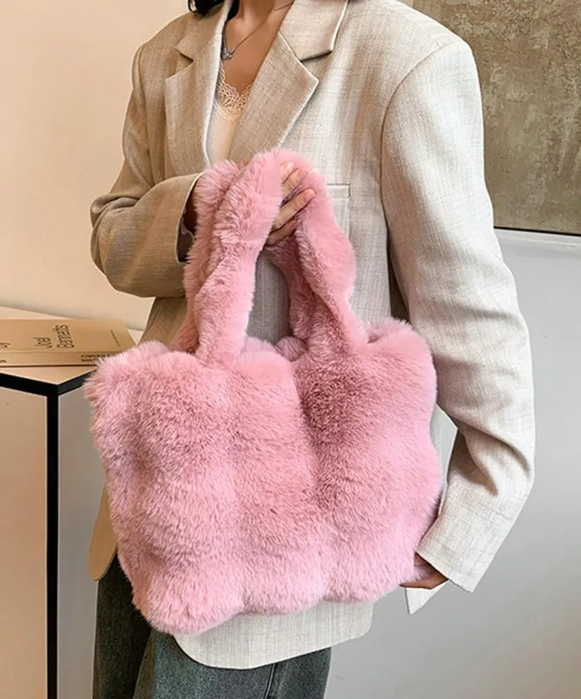 Fluffy Large Tote Bag for Women Soft Fuzzy Handbag Plush Shoulder Bag Faux Fur Bag Furry Top Handle Purse