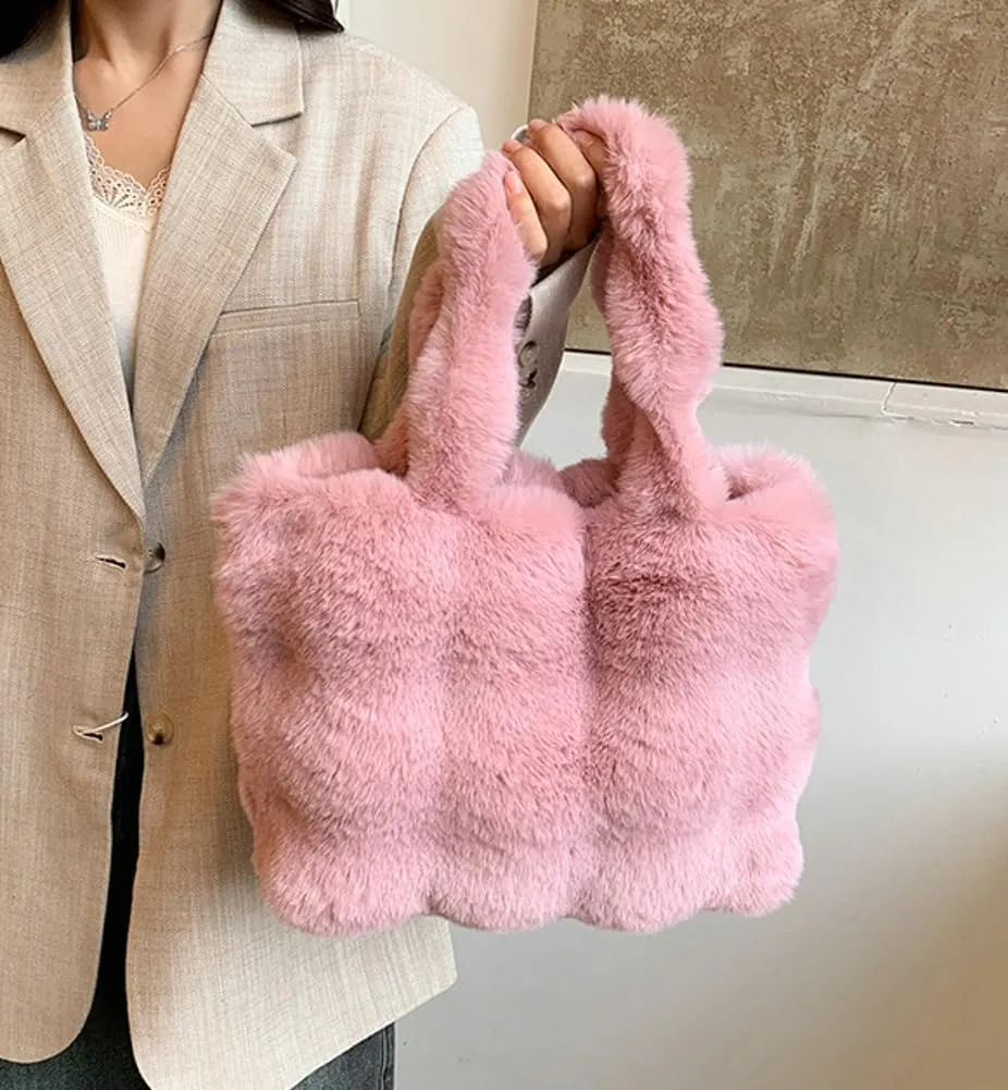 Fluffy Large Tote Bag for Women Soft Fuzzy Handbag Plush Shoulder Bag Faux Fur Bag Furry Top Handle Purse