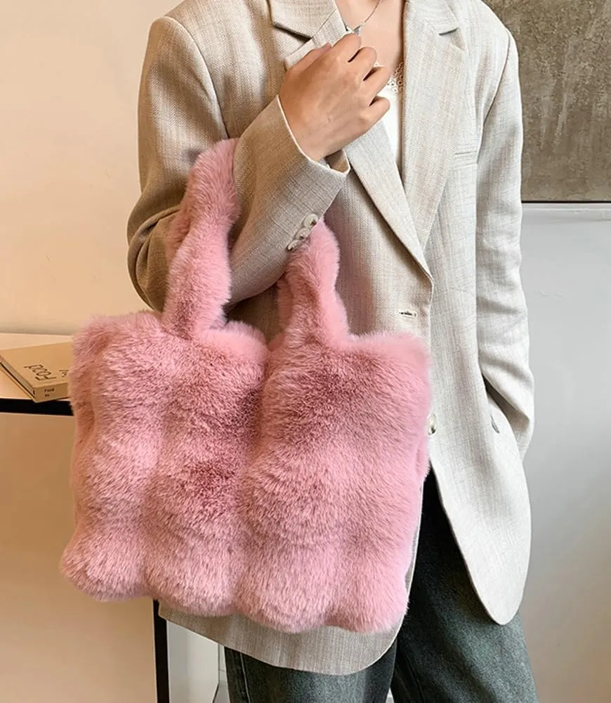 Fluffy Large Tote Bag for Women Soft Fuzzy Handbag Plush Shoulder Bag Faux Fur Bag Furry Top Handle Purse