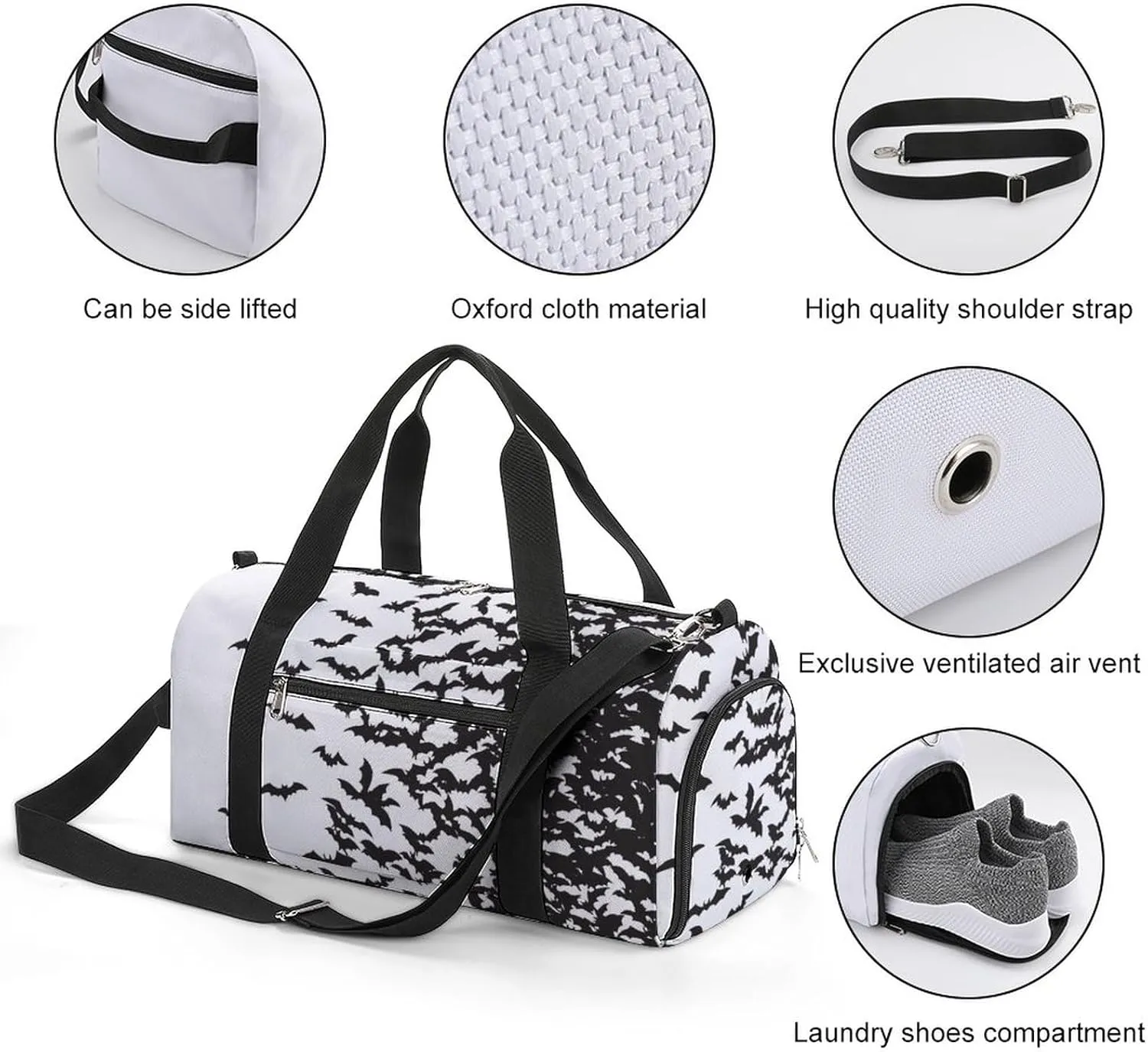 Flying-bats-flock Pattern Sports Tote Gym Bag for Women Men, Overnight Bag with Shoe Compartment Water Resistant