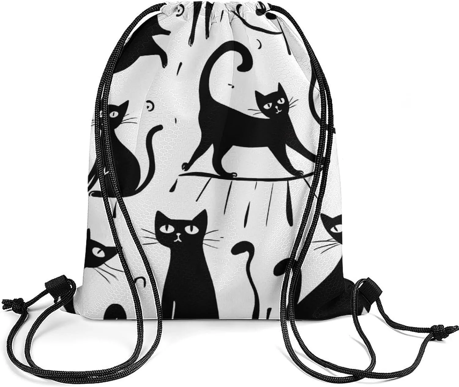 Foldable Drawstring Backpack Bag, Casual Sports Gym Bags Sackpack Bags with Strap, Large Capacity Handbag Shoulder Bag -Funny Black Cats White