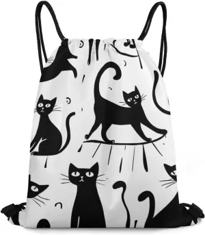Foldable Drawstring Backpack Bag, Casual Sports Gym Bags Sackpack Bags with Strap, Large Capacity Handbag Shoulder Bag -Funny Black Cats White