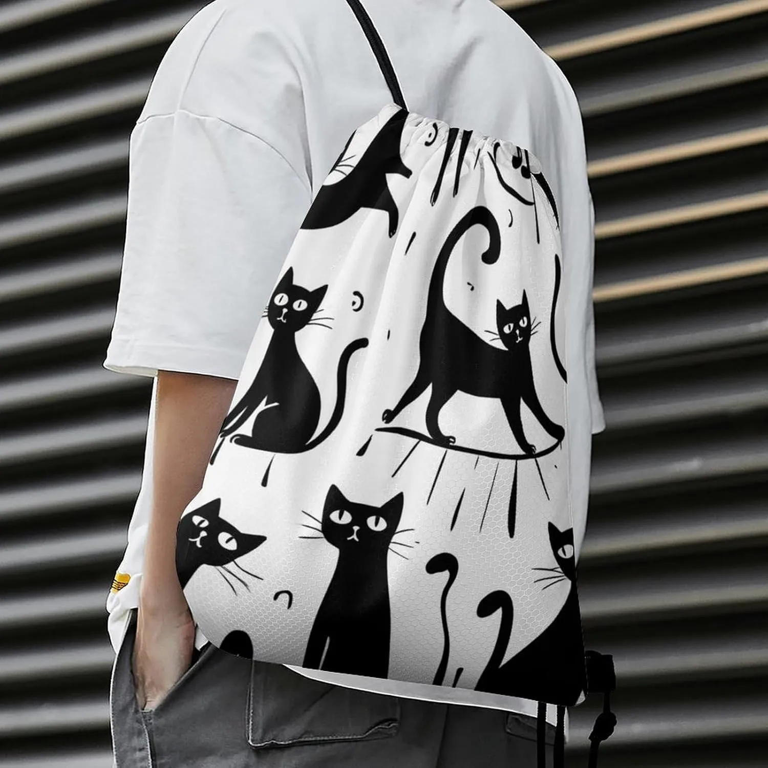 Foldable Drawstring Backpack Bag, Casual Sports Gym Bags Sackpack Bags with Strap, Large Capacity Handbag Shoulder Bag -Funny Black Cats White