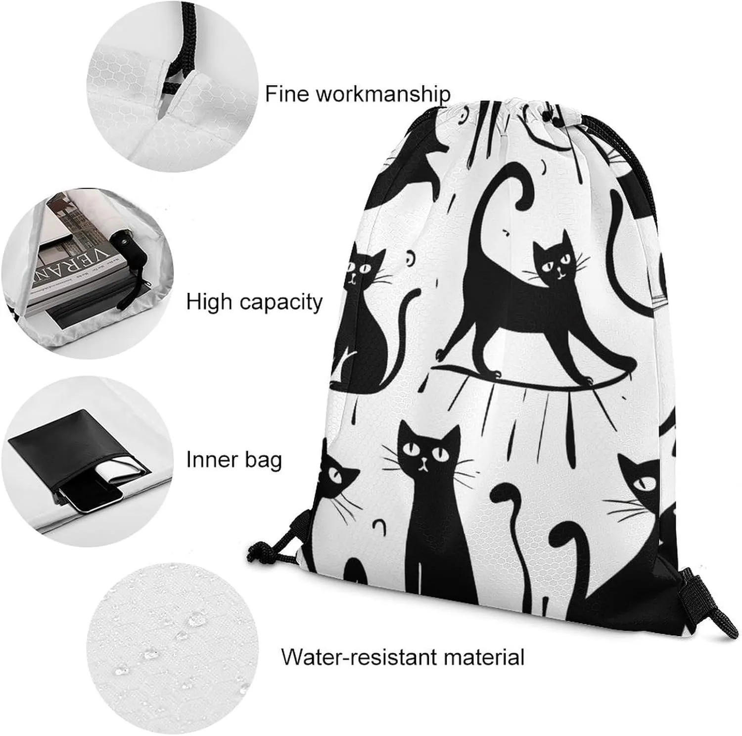 Foldable Drawstring Backpack Bag, Casual Sports Gym Bags Sackpack Bags with Strap, Large Capacity Handbag Shoulder Bag -Funny Black Cats White