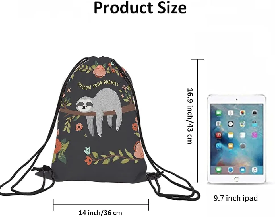 Follow Your Dreams Drawstring Bags - Cute Baby Sloth Branch Animal Theme Cartoon Summer Floral Sport Gym Sack for Men Women