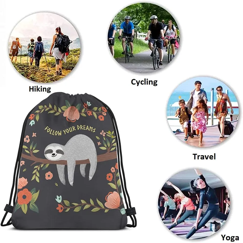 Follow Your Dreams Drawstring Bags - Cute Baby Sloth Branch Animal Theme Cartoon Summer Floral Sport Gym Sack for Men Women