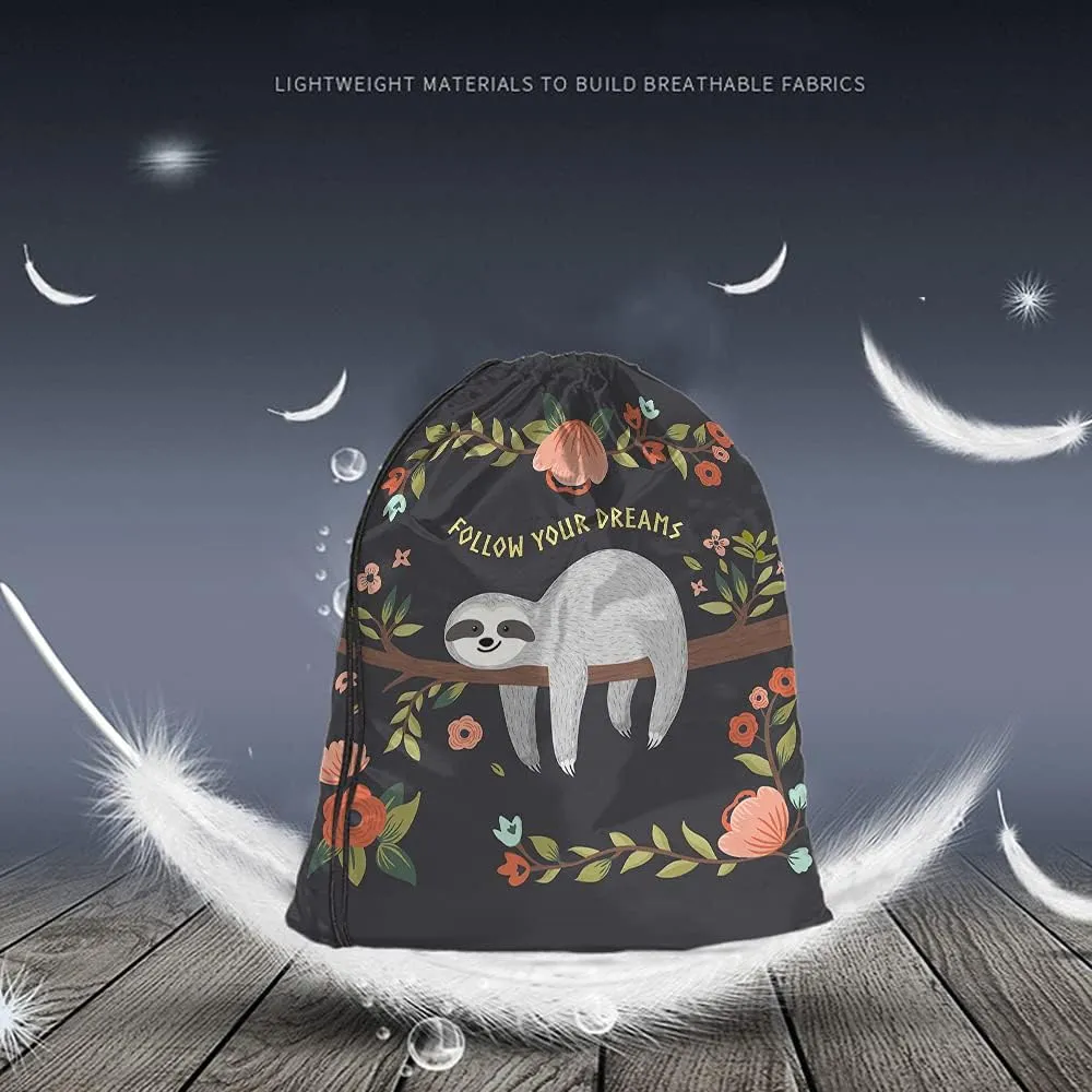 Follow Your Dreams Drawstring Bags - Cute Baby Sloth Branch Animal Theme Cartoon Summer Floral Sport Gym Sack for Men Women