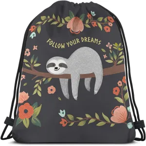 Follow Your Dreams Drawstring Bags - Cute Baby Sloth Branch Animal Theme Cartoon Summer Floral Sport Gym Sack for Men Women
