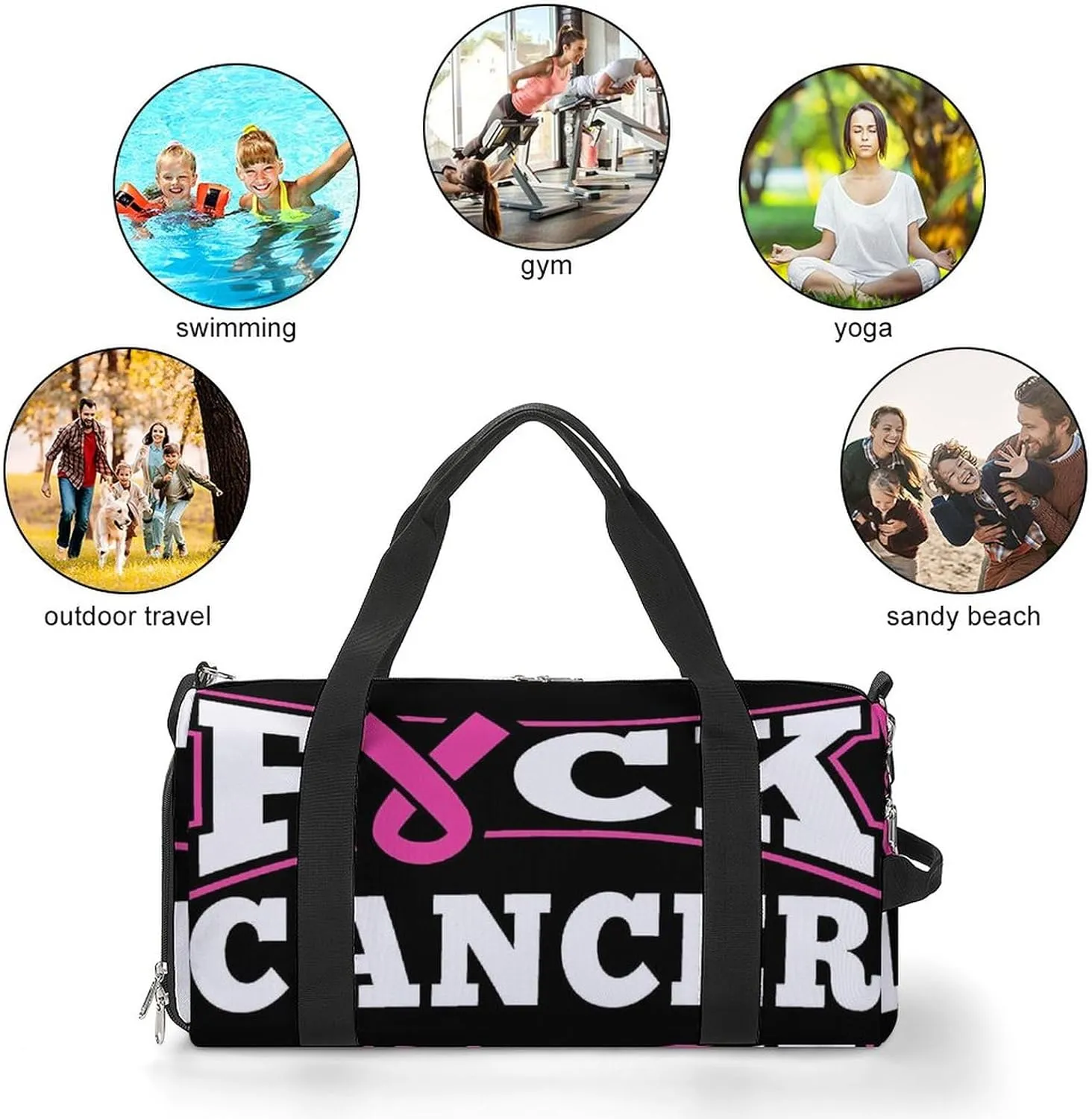 Fuck Cancer Breast Cancer Awareness Sports Tote Gym Bag for Women Men, Overnight Bag with Shoe Compartment Water Resistant
