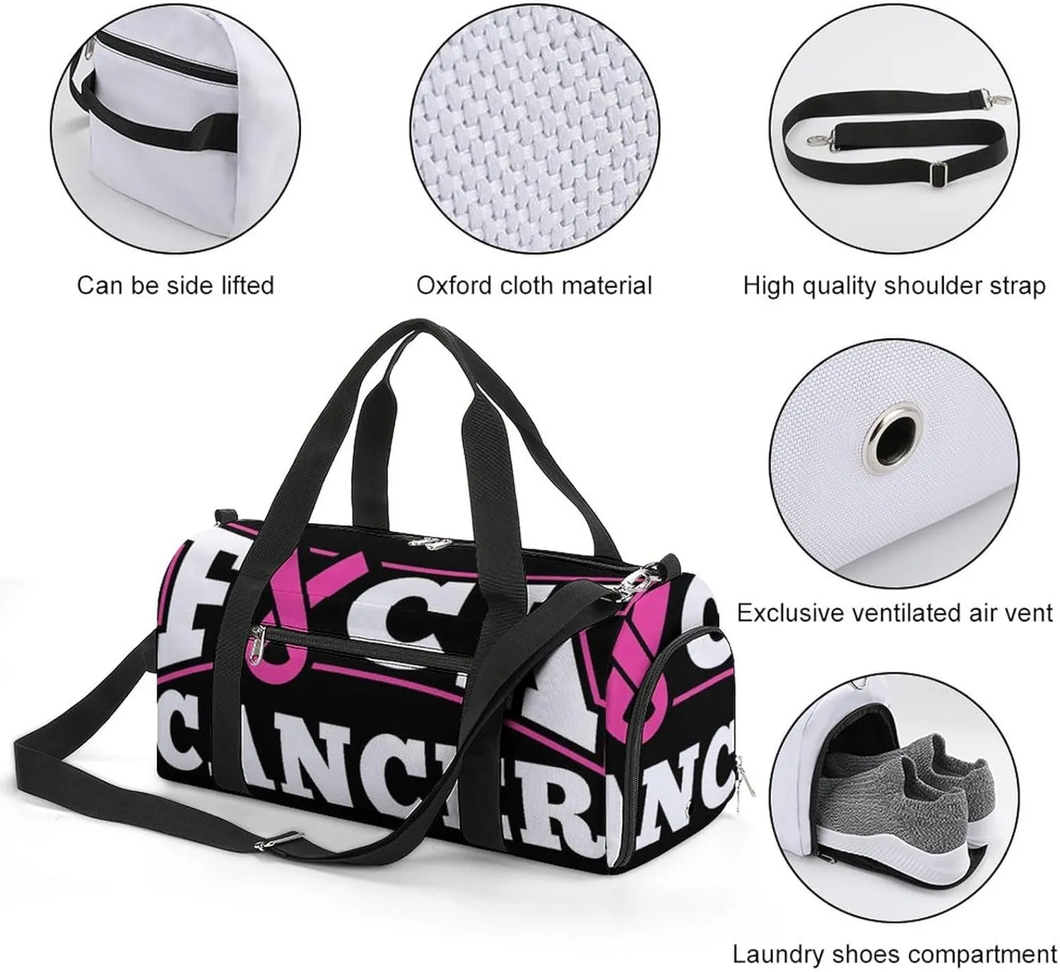 Fuck Cancer Breast Cancer Awareness Sports Tote Gym Bag for Women Men, Overnight Bag with Shoe Compartment Water Resistant