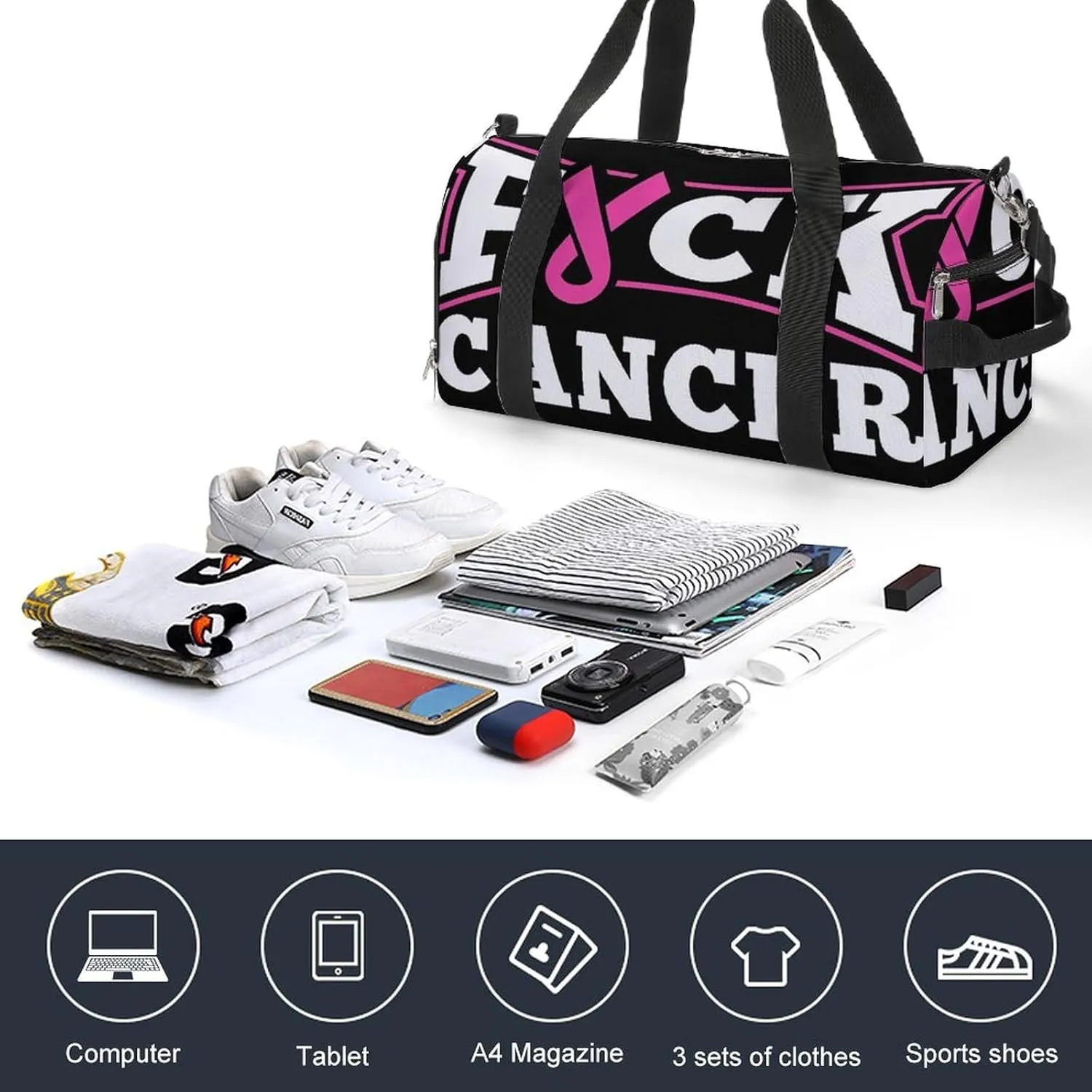 Fuck Cancer Breast Cancer Awareness Sports Tote Gym Bag for Women Men, Overnight Bag with Shoe Compartment Water Resistant