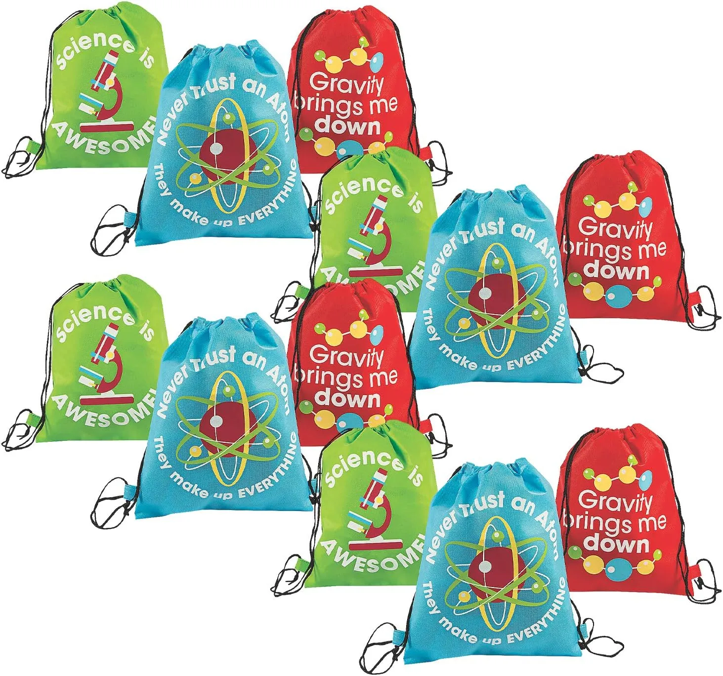 Fun Express Science Party Drawstring Backpacks & Favor Bags - Durable Polyester - Perfect for Science Camps Kids - Parties & STEM Activities - Ideal for Fun Celebrations - 12" x 14.5" - 12 Pieces