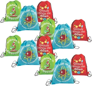 Fun Express Science Party Drawstring Backpacks & Favor Bags - Durable Polyester - Perfect for Science Camps Kids - Parties & STEM Activities - Ideal for Fun Celebrations - 12" x 14.5" - 12 Pieces