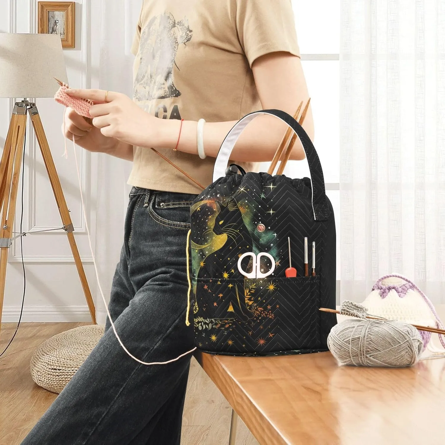Fustylead Mystic Black Cat Silhouette and Stars Moon Crochet Drawstring Organizer, Large Yarn Bag Storage Tote Basket for Crocheting On The Go, Kit Holder, Gift for Knitter, Crochet Beginner