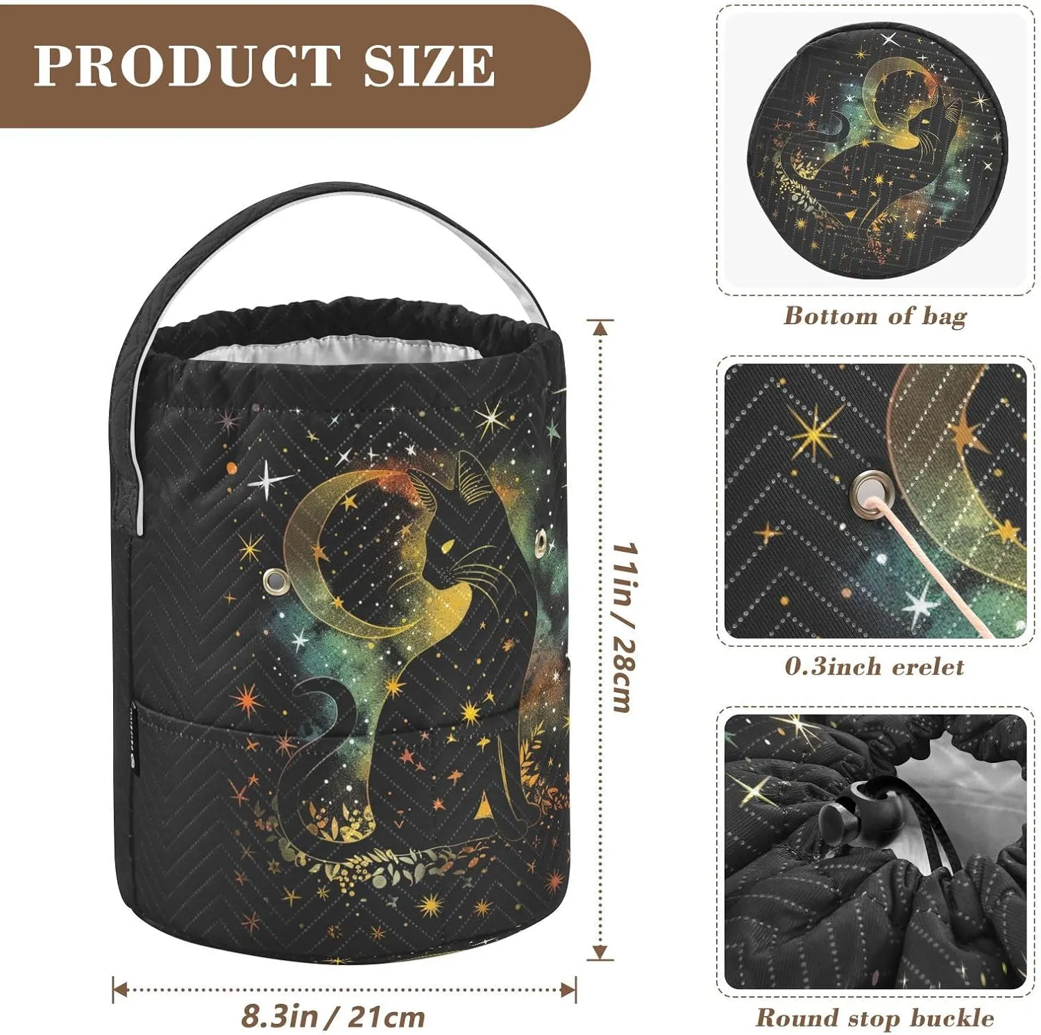 Fustylead Mystic Black Cat Silhouette and Stars Moon Crochet Drawstring Organizer, Large Yarn Bag Storage Tote Basket for Crocheting On The Go, Kit Holder, Gift for Knitter, Crochet Beginner