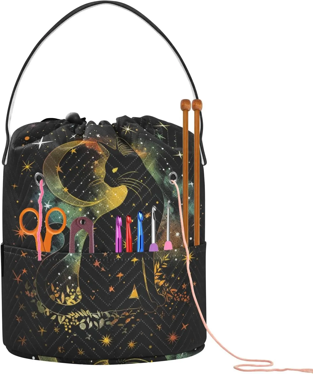 Fustylead Mystic Black Cat Silhouette and Stars Moon Crochet Drawstring Organizer, Large Yarn Bag Storage Tote Basket for Crocheting On The Go, Kit Holder, Gift for Knitter, Crochet Beginner