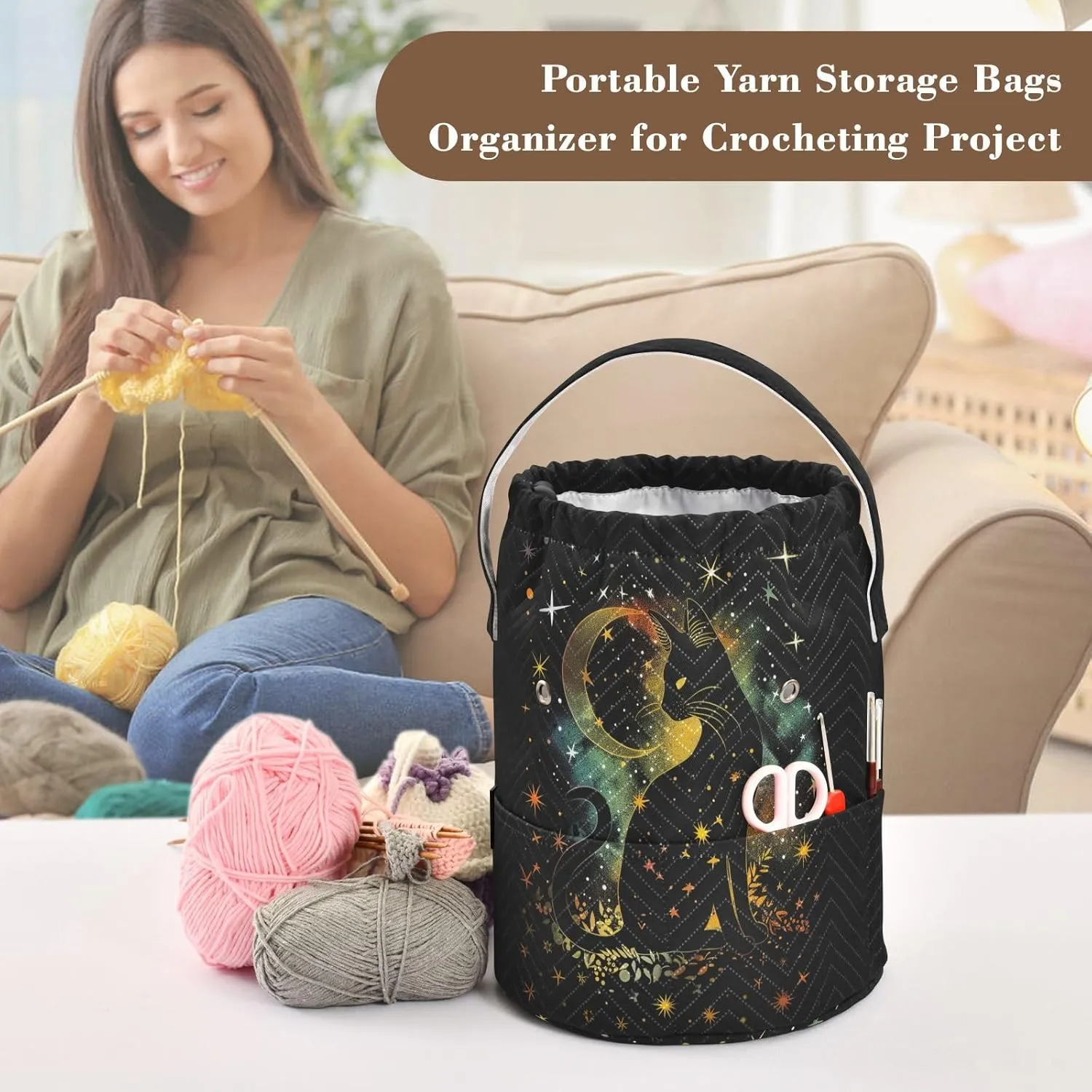 Fustylead Mystic Black Cat Silhouette and Stars Moon Crochet Drawstring Organizer, Large Yarn Bag Storage Tote Basket for Crocheting On The Go, Kit Holder, Gift for Knitter, Crochet Beginner